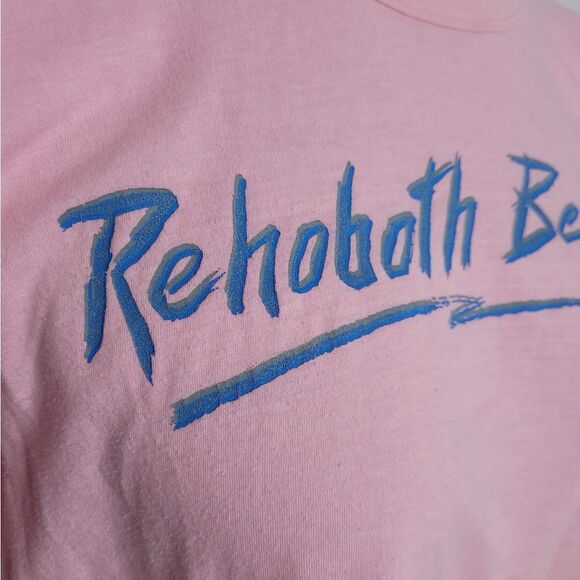 VINTAGE 80s crop top t-shirt pink single stitch ringer Rehoboth‎ Beach M - Picture 6 of 9